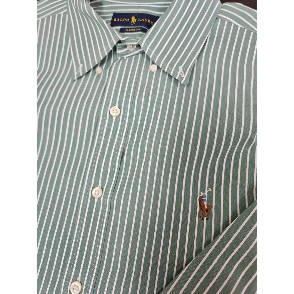 Ralph Lauren Classic Fit Green White Pinstripe  Sleeve Shirt 16 1/2  32/33